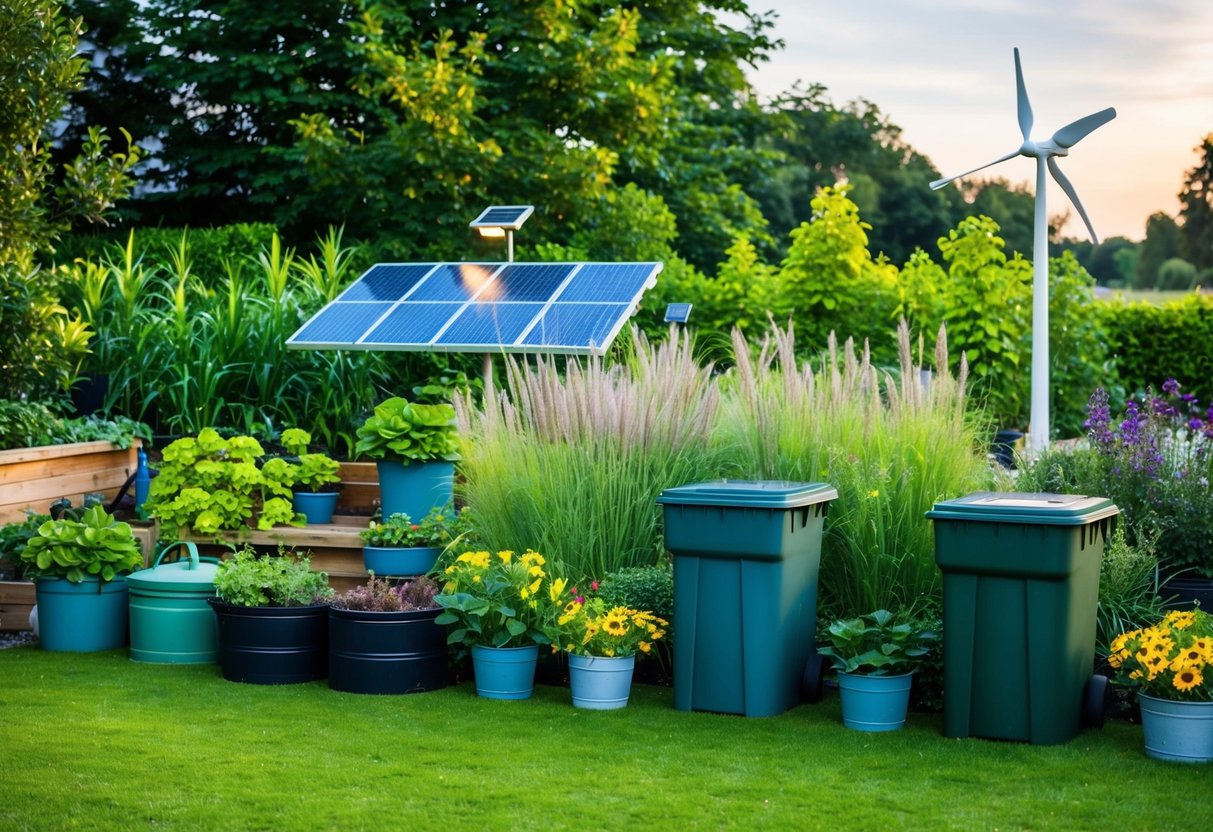 A lush garden with native plants, compost bins, and rain barrels. Solar panels power the garden lights and a small wind turbine spins in the background