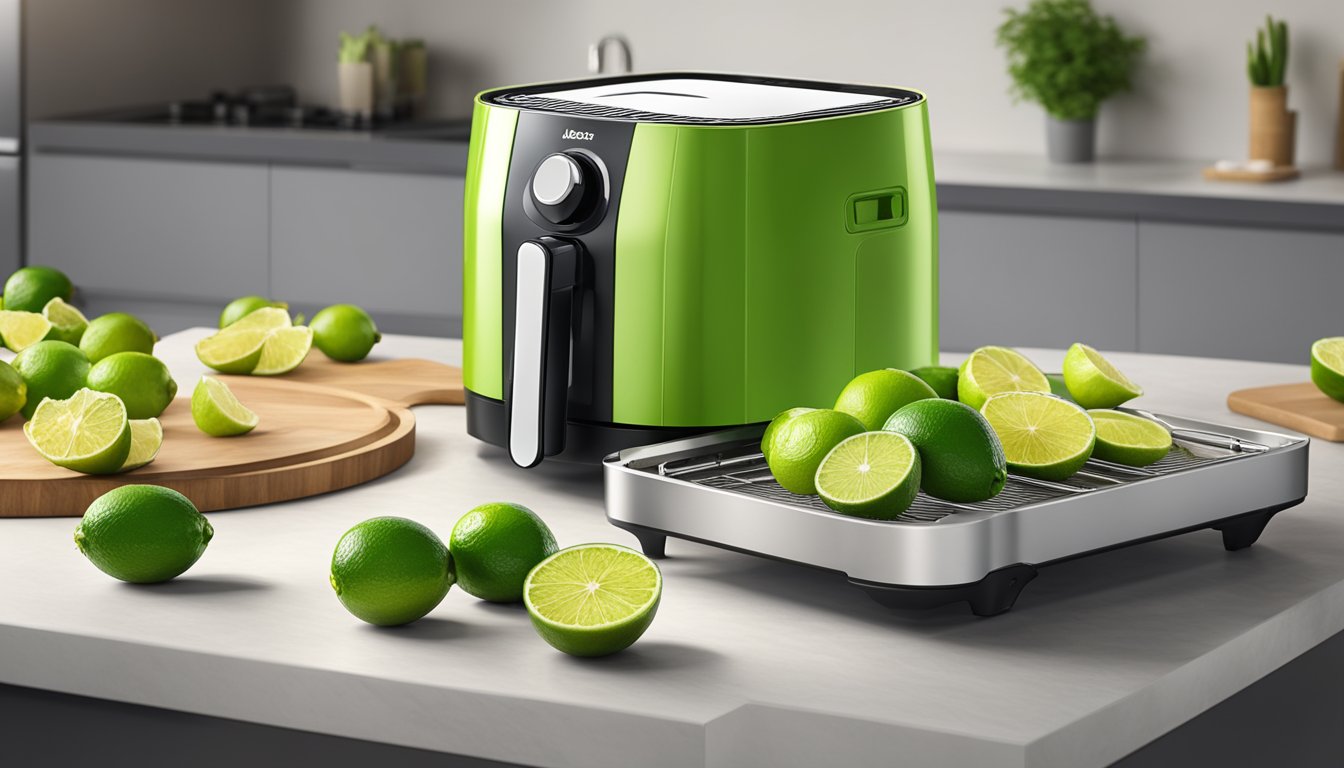 Limes sliced and arranged on air fryer trays, with the appliance set to dehydrate mode, emitting warm air