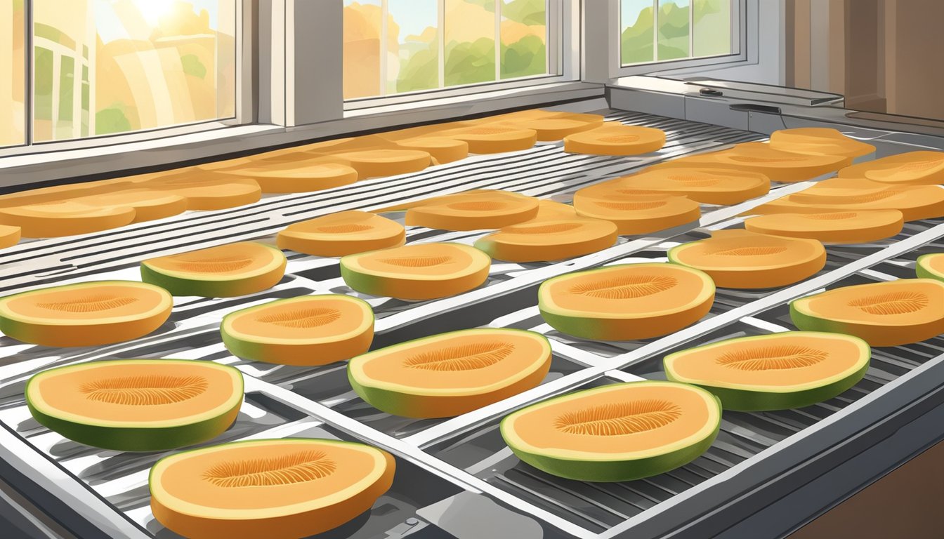 Fresh cantaloupe slices laid out on dehydrator trays, with the machine set to low heat. Sunlight streaming through a nearby window