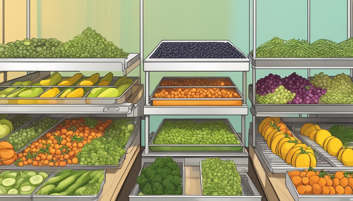 Fresh fruits and vegetables arranged on dehydrator trays, with the machine set up and ready to start the dehydration process