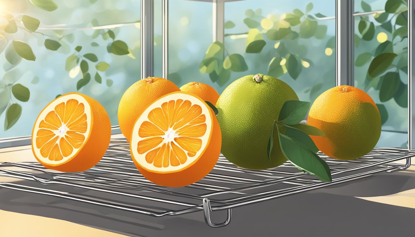 Fresh oranges sliced into thin rounds, arranged on a wire rack, placed in a dehydrator. Sunlight streaming in through a nearby window