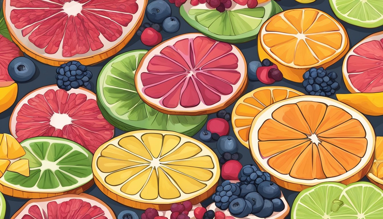 Fresh fruit slices laid out on a dehydrator tray, with vibrant colors and varied shapes. A bowl of citrus and berries sits nearby