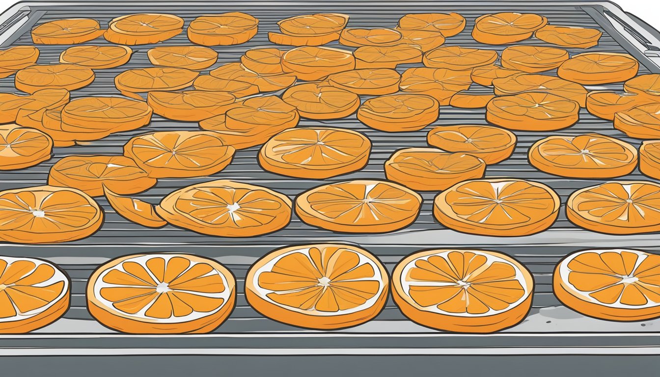 Oranges being sliced into thin rounds, laid out on a dehydrator tray, ready for dehydration