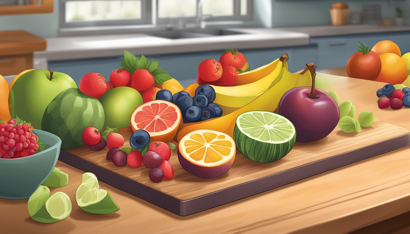 Assorted fruits sliced on a cutting board, with a dehydrator in the background