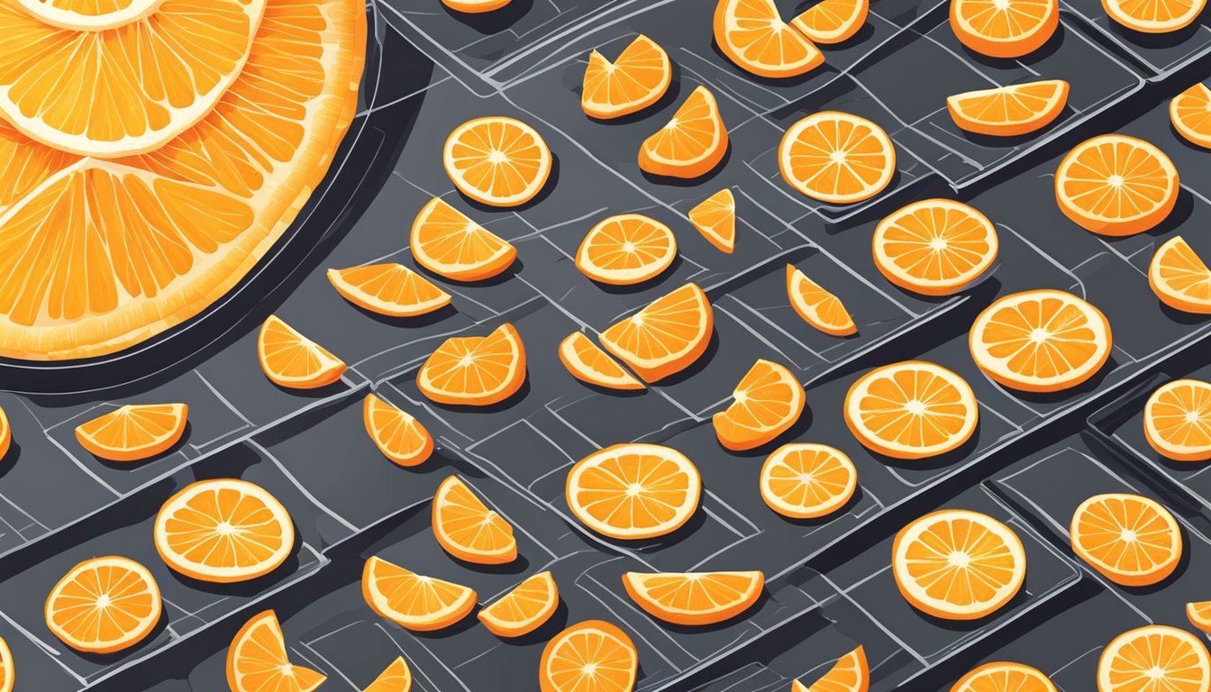 Fresh oranges sliced and arranged on dehydrator trays. Warm air circulating, slowly drying the slices. Bright, vibrant colors transform into translucent, decorative pieces