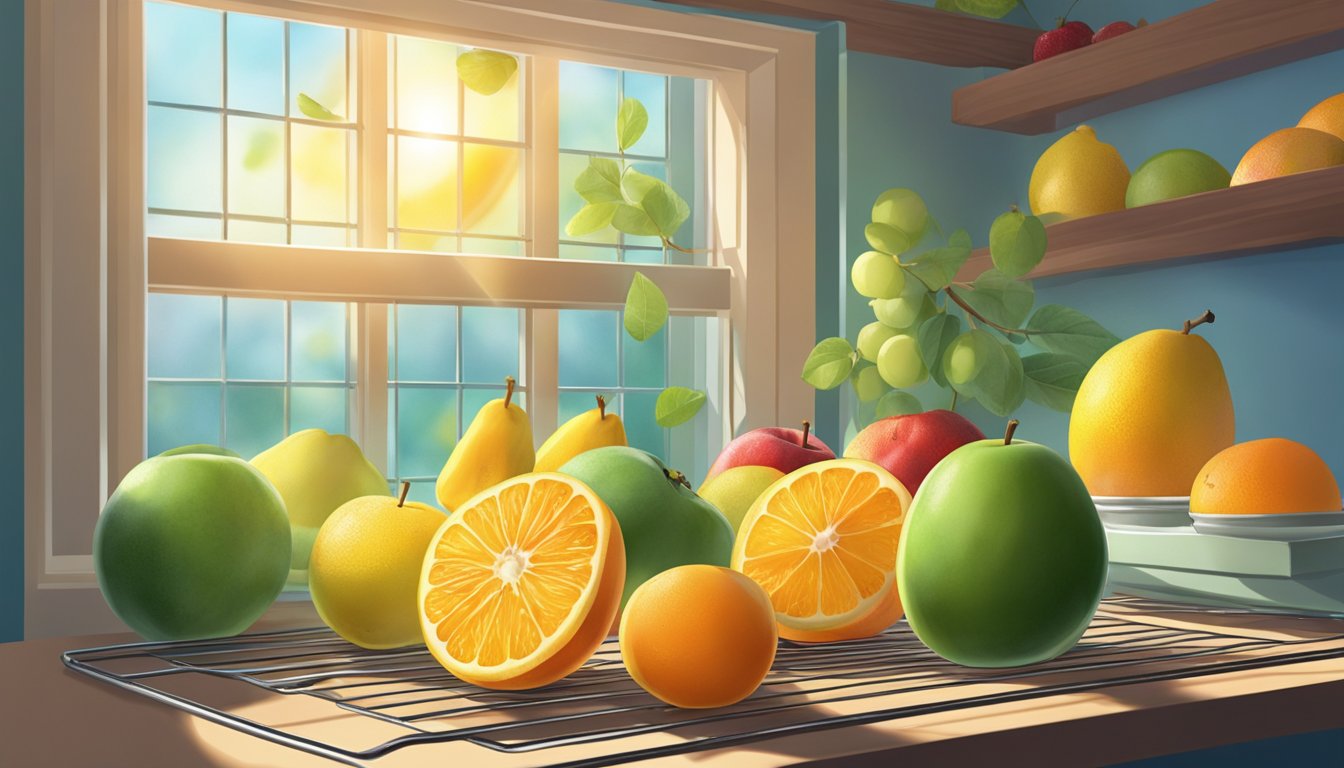 Fresh fruit slices laid out on a wire rack under the sun, with a gentle breeze blowing through the open window