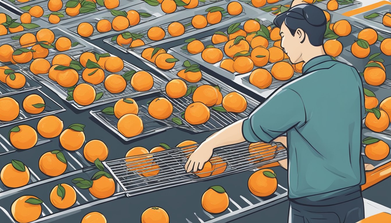 Bright mandarin oranges being carefully selected and placed in a dehydrator