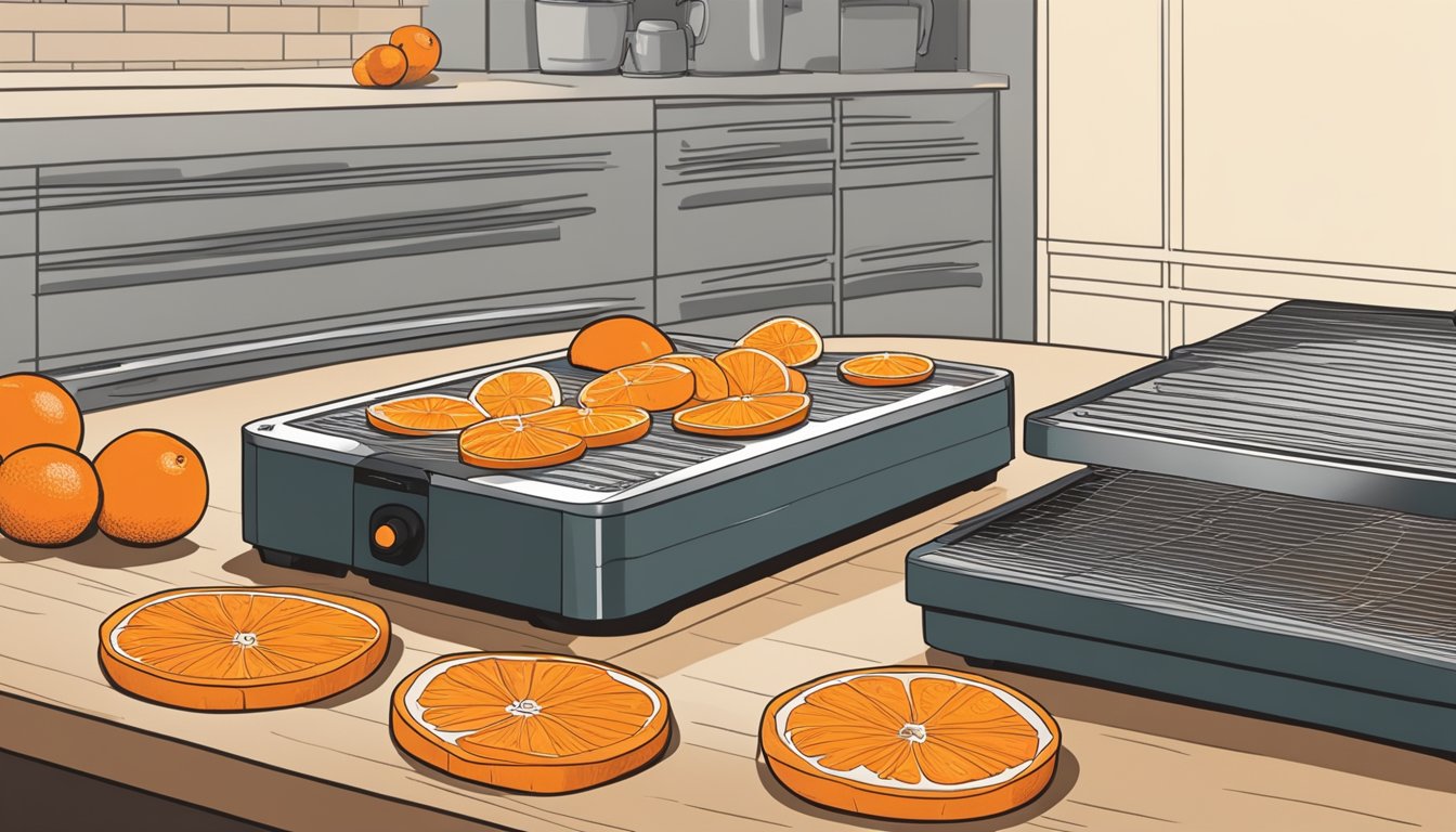 Mandarin oranges being sliced into thin rounds on a cutting board, with a dehydrator in the background