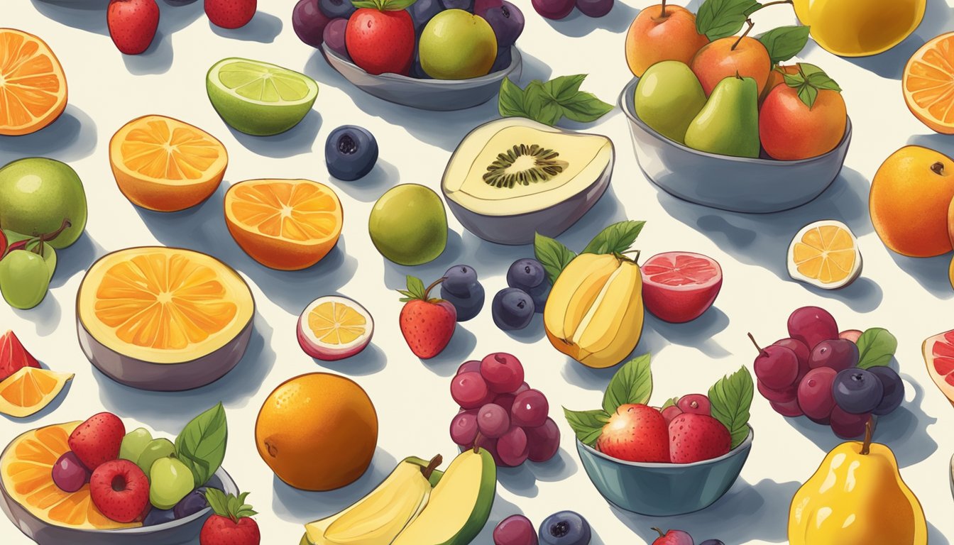 Assorted fruits spread out on a baking sheet lined with parchment paper, placed in a sunny spot to naturally dehydrate