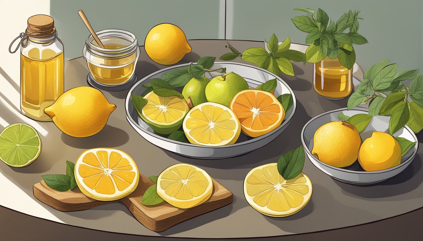 Fresh fruit slices laid out on a wire rack under the sun, surrounded by various herbs and spices. A bowl of honey and a bottle of lemon juice sit nearby