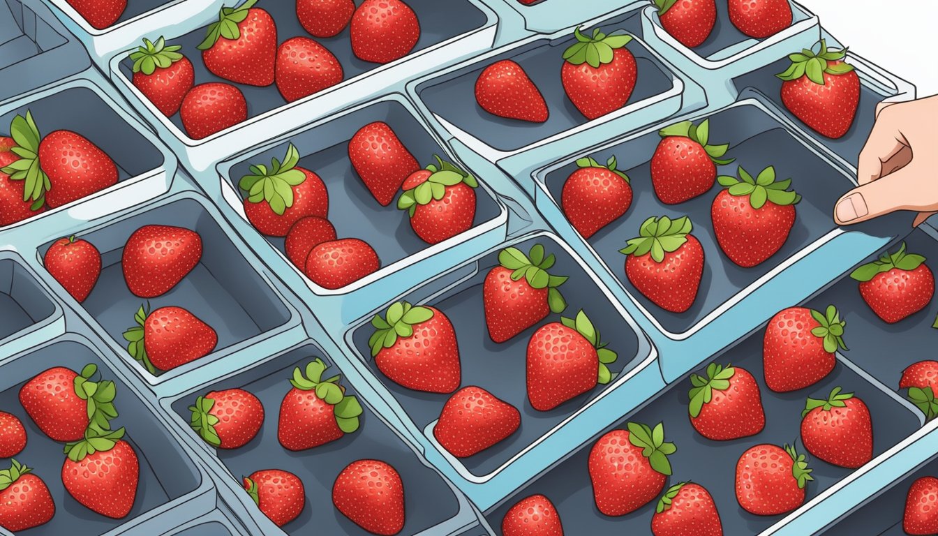 Frozen strawberries being placed on dehydrator trays, with temperature and timer settings being adjusted