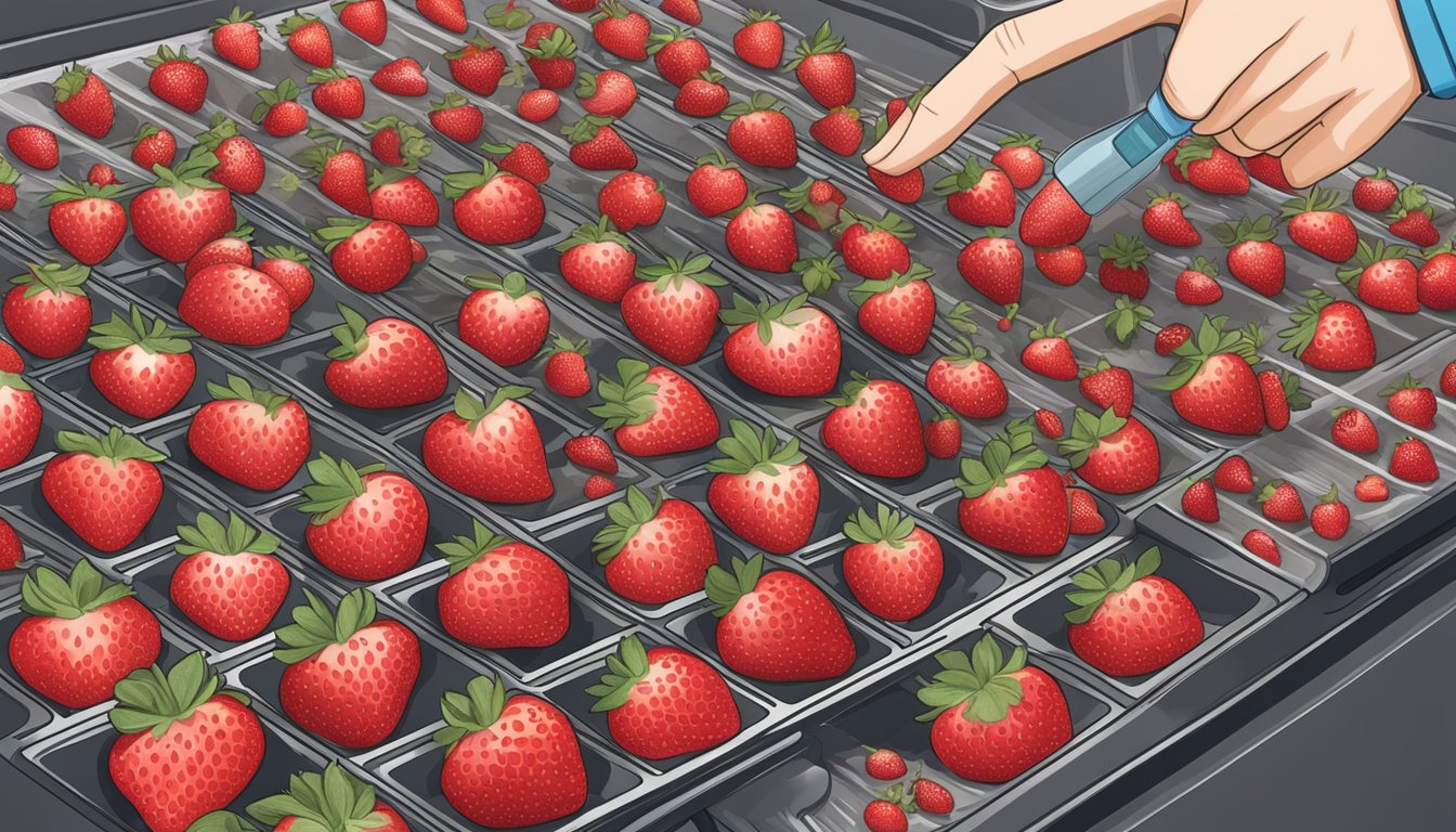 Frozen strawberries laid out on a dehydrator tray, with a person adjusting the temperature and timer settings