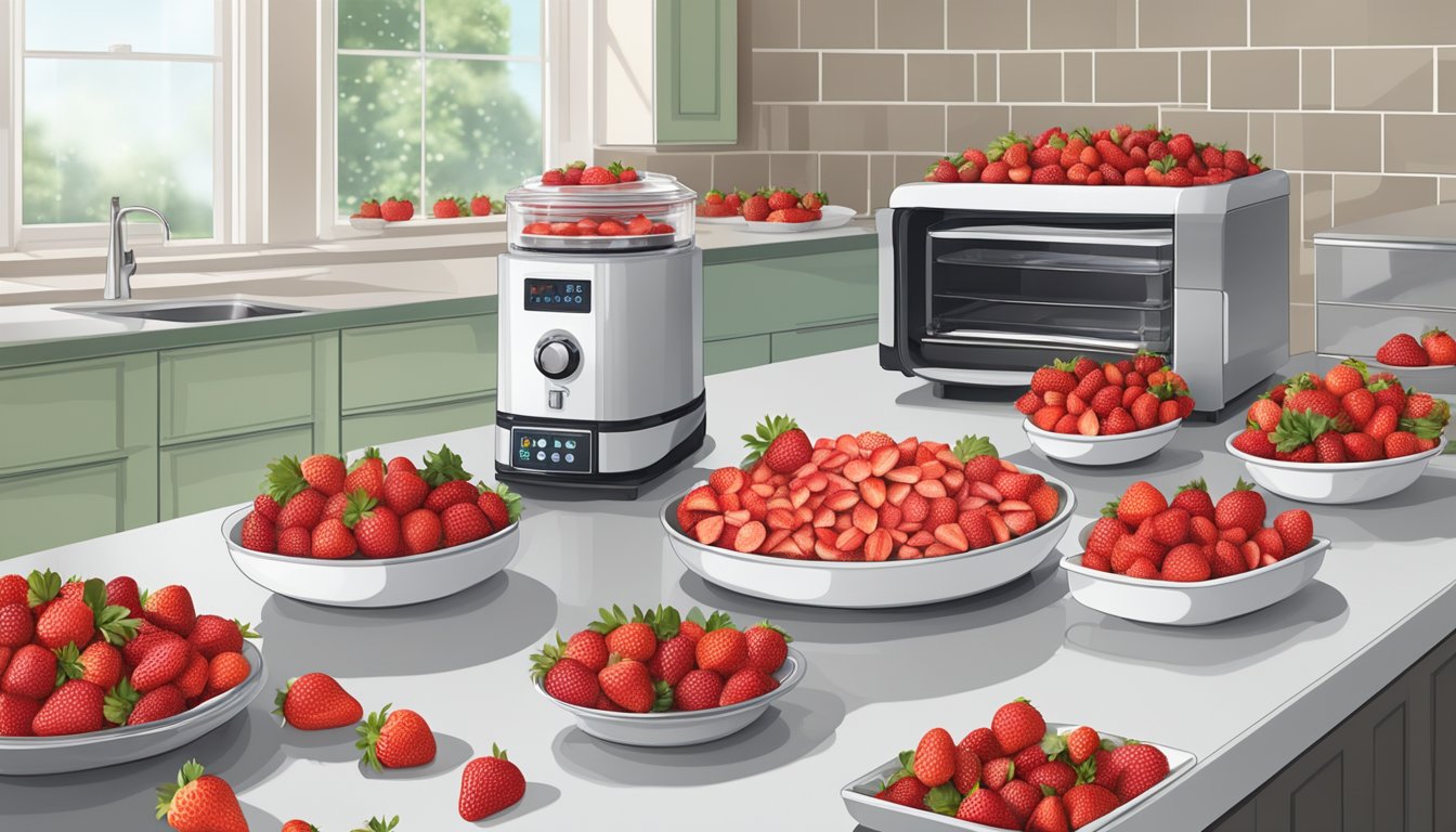 A countertop with a dehydrator machine filled with sliced frozen strawberries, surrounded by bowls of fresh and dehydrated strawberries