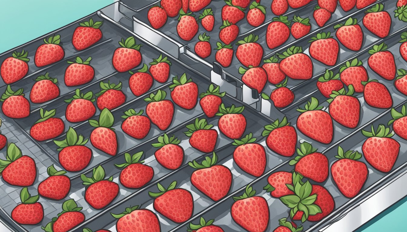 Frozen strawberries laid out on dehydrator trays, with the machine set to low heat