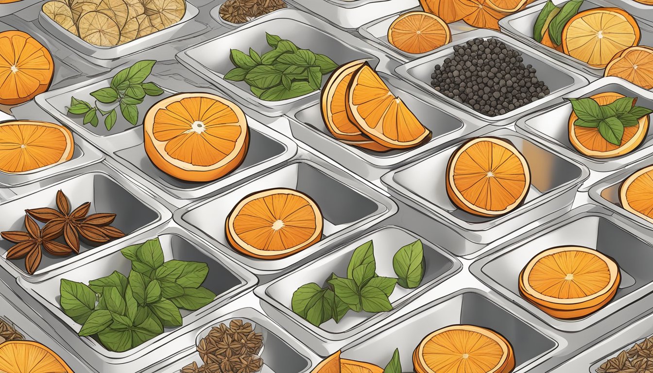 Bright orange slices arranged on dehydrator trays, steam rising as the machine hums, surrounded by bowls of spices and herbs for flavoring