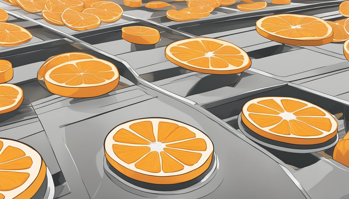 Fresh oranges sliced into thin rounds arranged on dehydrator trays. Warm air circulating around the fruit as it slowly dries out