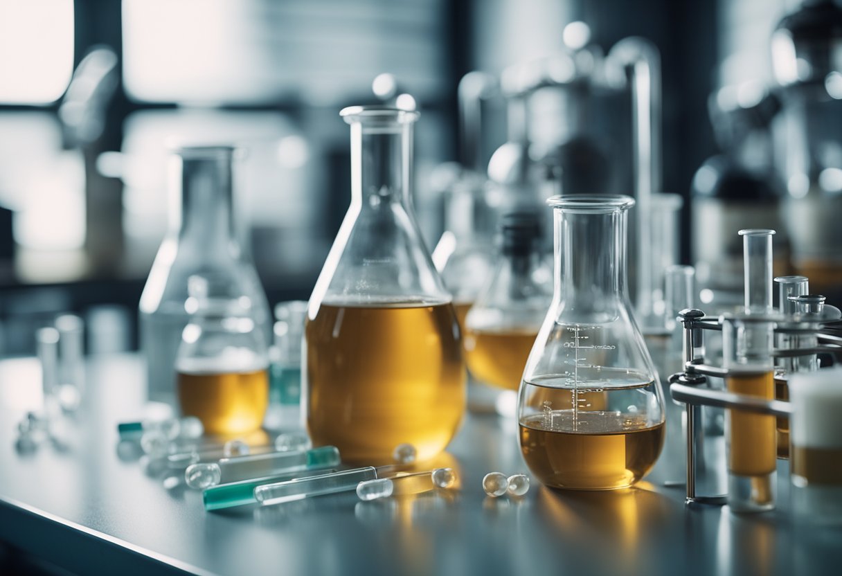 A laboratory setting with beakers, test tubes, and scientific equipment. Xylooligosaccharide molecule models and artificial sweetener samples are displayed on a lab bench