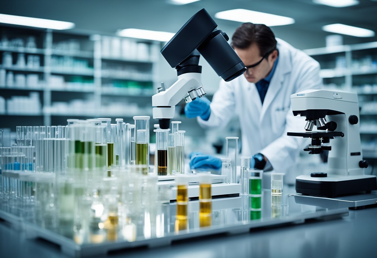 A laboratory with various test tubes and equipment, with a scientist examining a sample of xylooligosaccharide under a microscope