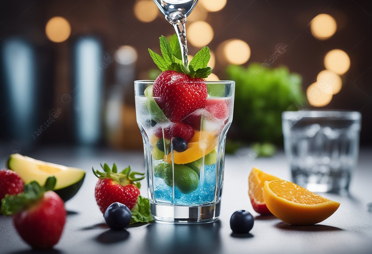 A glass of water with Xylooligosaccharides powder being stirred in, surrounded by various fruits and vegetables