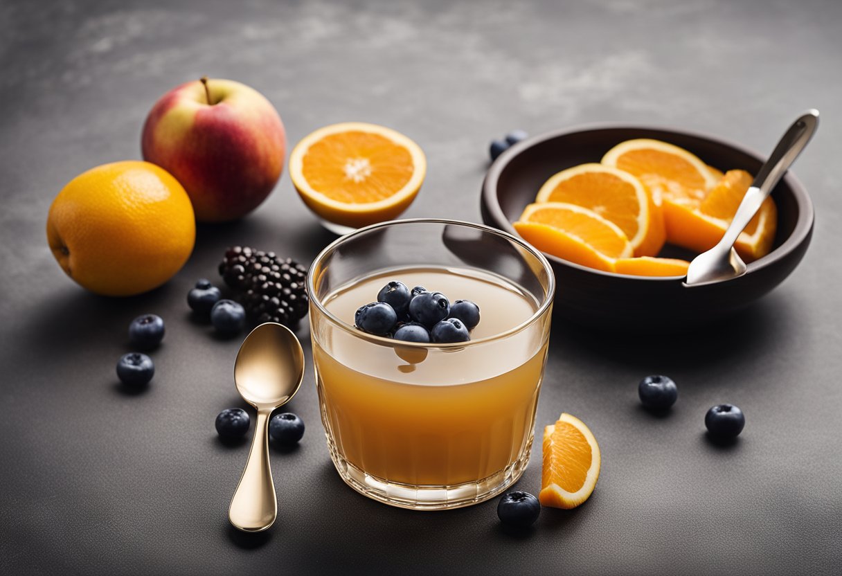 A glass of xylooligosaccharide solution sits next to a bowl of fruit, with a spoon resting on the table