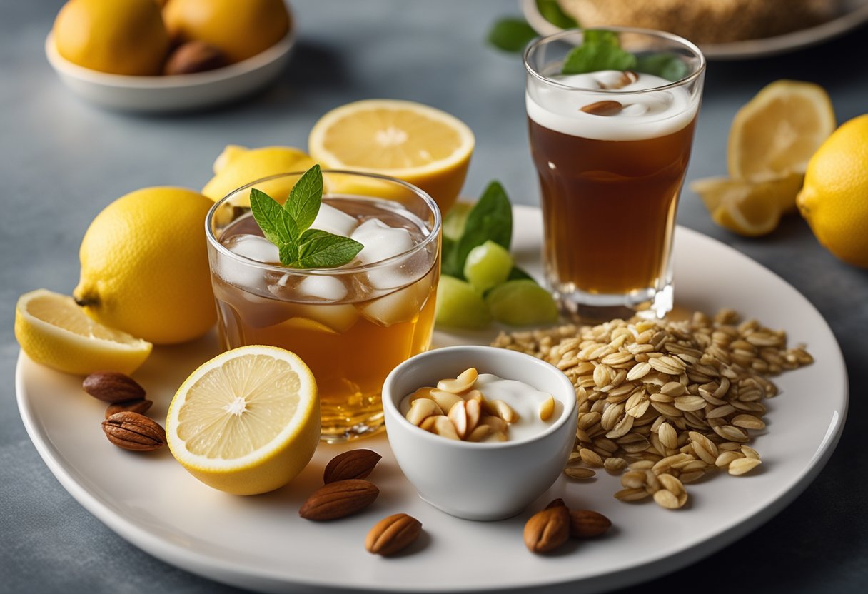 A glass of iced tea with a slice of lemon, a bowl of yogurt with fruit, and a plate of oatmeal with honey and nuts, all surrounded by various fruits and vegetables