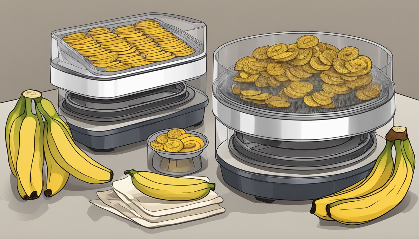 Plantains sliced and arranged on dehydrator trays. Temperature and time settings adjusted