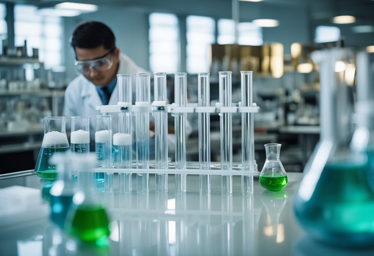 A laboratory setting with beakers, test tubes, and scientific equipment. A scientist is conducting experiments to determine the properties of Xylooligosaccharide