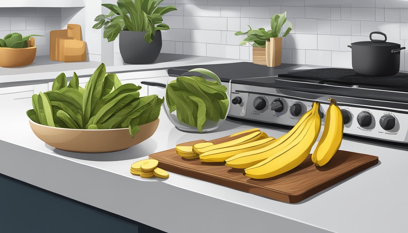 A kitchen counter with a dehydrator, cutting board, and sliced plantains