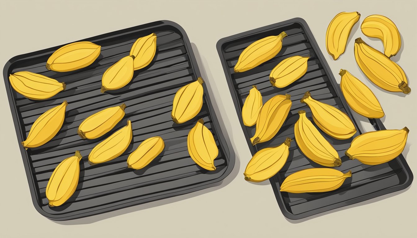 Ripe plantains sliced and laid out on dehydrator trays