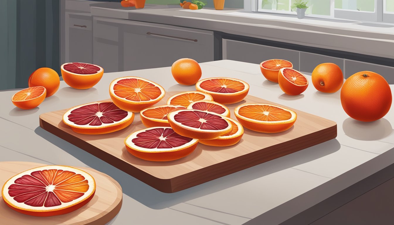 Blood oranges arranged on a cutting board, with a knife slicing through them. A dehydrator sits nearby, ready to dry the fruit slices