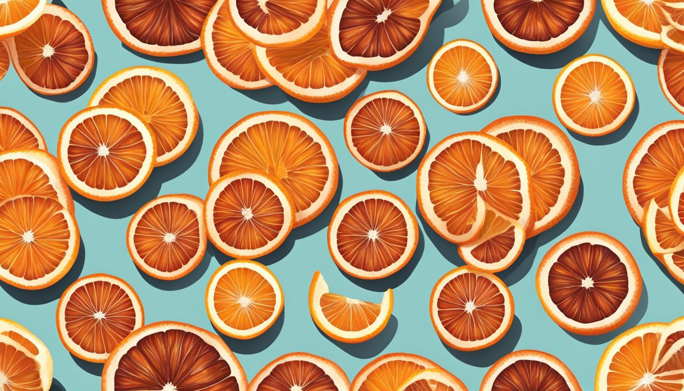 Blood oranges sliced and arranged on dehydrator trays. Bright orange slices drying under warm, even heat