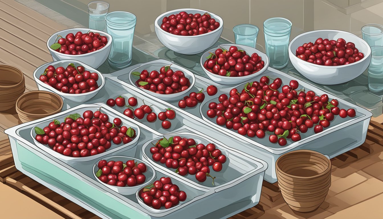 Sour cherries laid out on dehydrator trays, surrounded by bowls of water for rehydration