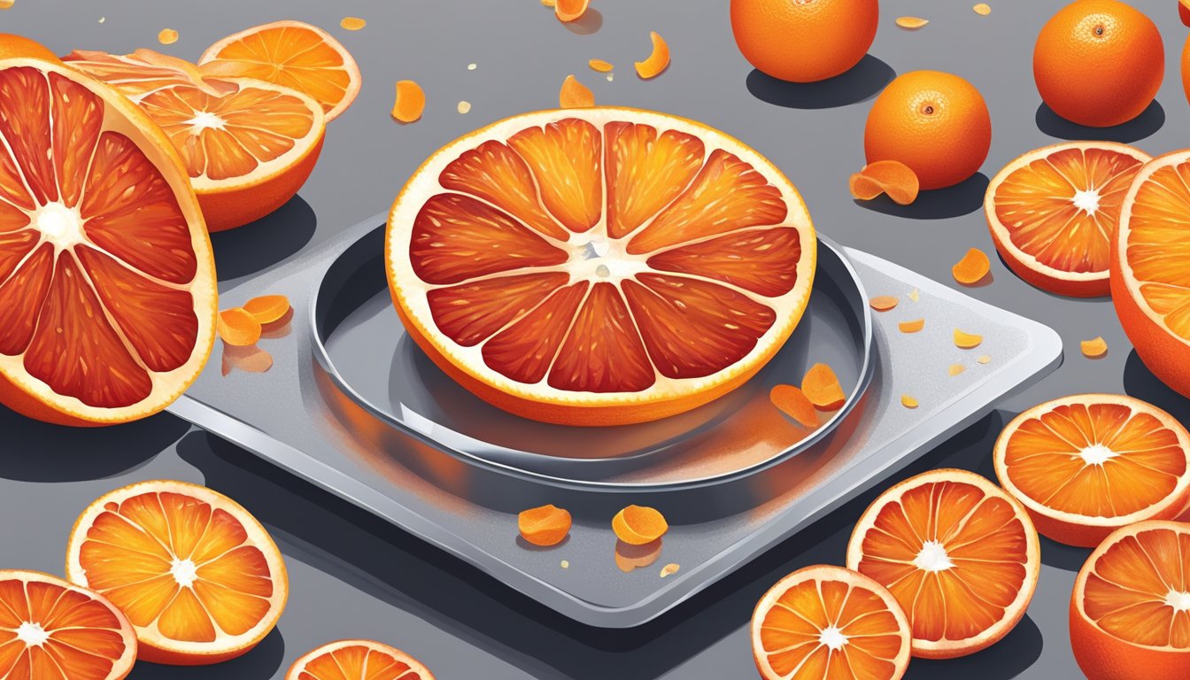 Blood oranges sliced on a dehydrator tray, with vibrant red and orange colors, surrounded by scattered orange peels and a bowl of sugar