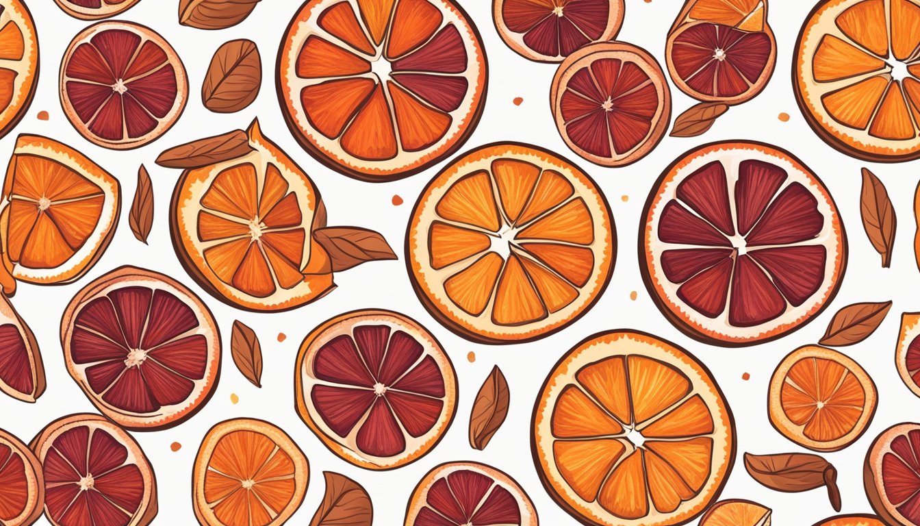 Blood oranges sliced and arranged on dehydrator trays, with vibrant red and orange hues. A bowl of sugar and a sprinkle of cinnamon nearby