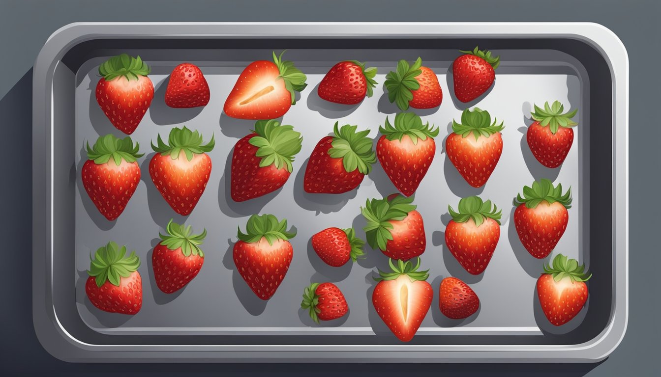 Fresh strawberries arranged on a baking sheet, placed in an open oven set at a low temperature, with the warm air slowly dehydrating the fruit