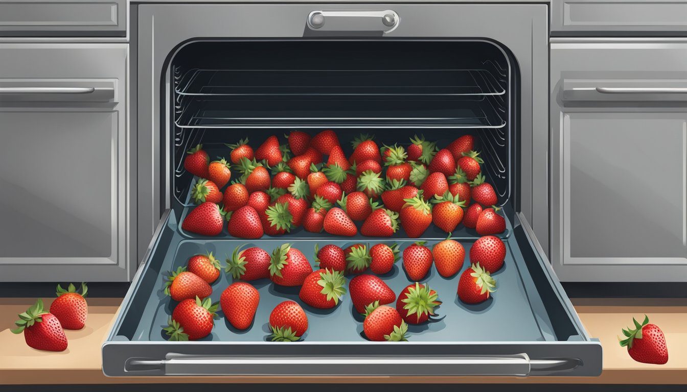 Fresh strawberries laid out on a baking sheet, placed in an oven, and the oven door closed