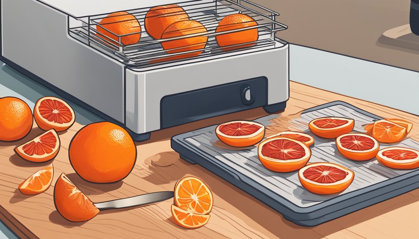 Blood oranges scattered on a cutting board, a knife slicing through them. A dehydrator sits nearby, ready to dry the vibrant citrus slices