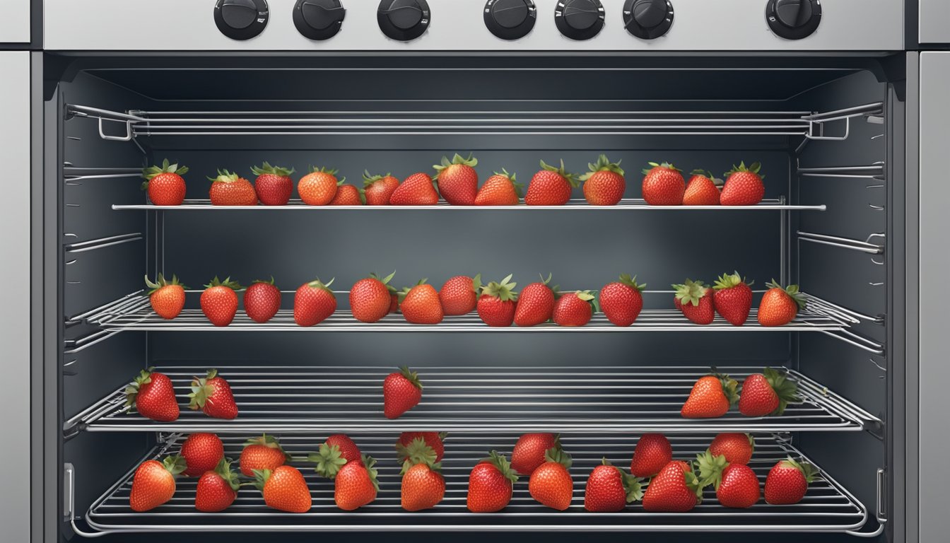 Fresh strawberries placed on a wire rack in an open oven, with the door slightly ajar, as warm air circulates around them for dehydration