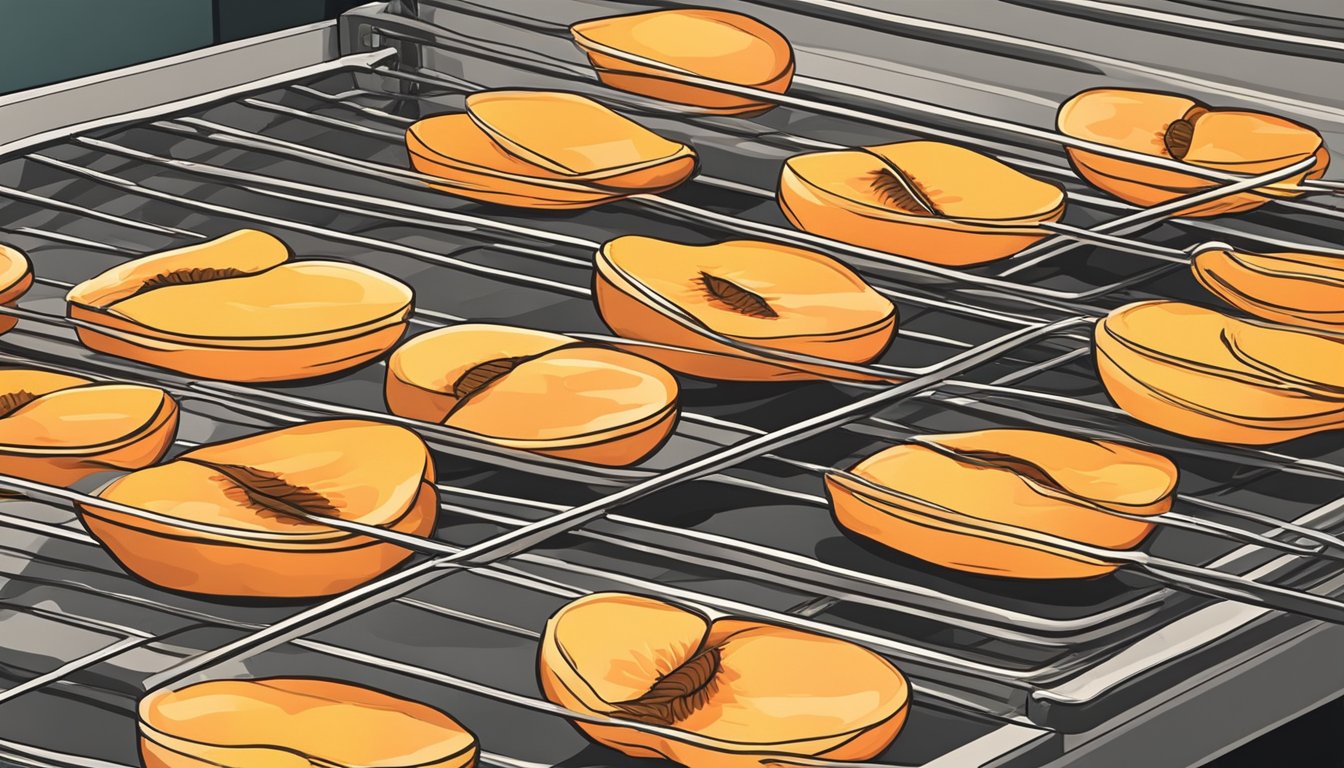 Fresh peach slices arranged on wire racks inside an open oven, with warm air circulating around them as they dehydrate