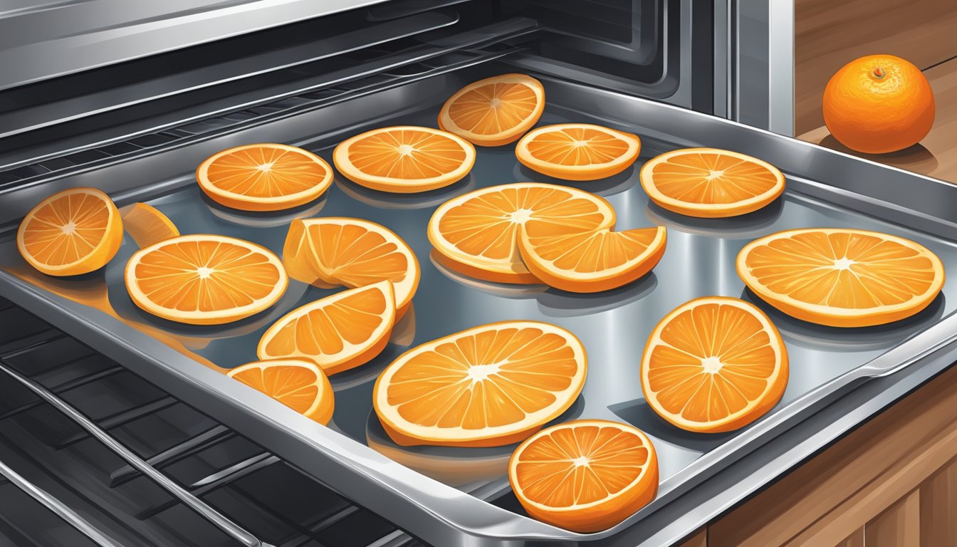 Oranges sliced on a baking sheet, oven door open, heat emanating