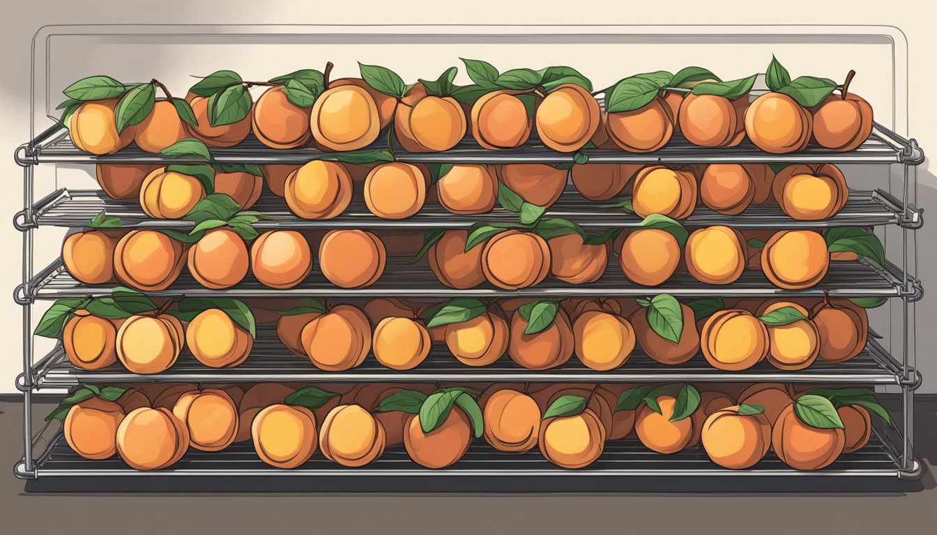 Fresh peaches arranged on wire racks in a preheated oven, emitting a warm, sweet aroma as they slowly dehydrate