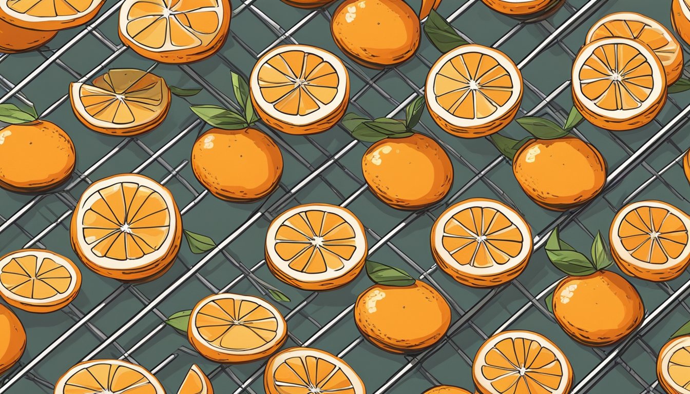 Slices of oranges arranged on wire racks in an oven, with warm air circulating to dehydrate them