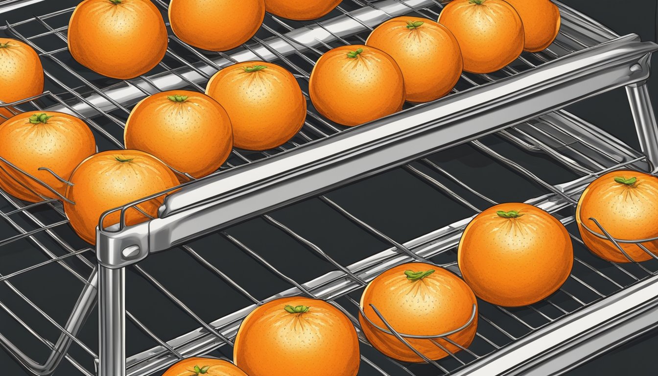 Fresh oranges sliced and arranged on a wire rack inside a warm oven, with the door slightly ajar to allow moisture to escape