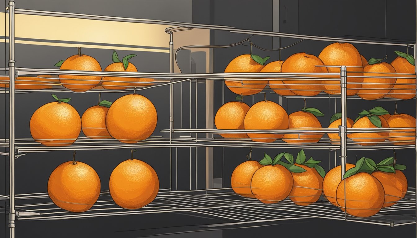 Fresh oranges arranged on a wire rack inside a warm oven, slowly dehydrating as the vibrant colors fade to a deep golden hue