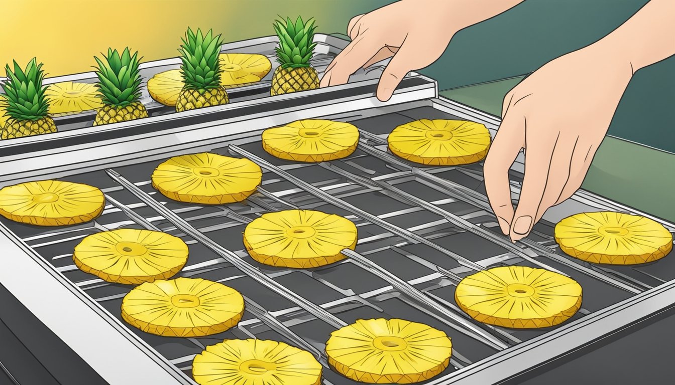 Fresh pineapple slices arranged on dehydrator trays, with a person adjusting settings