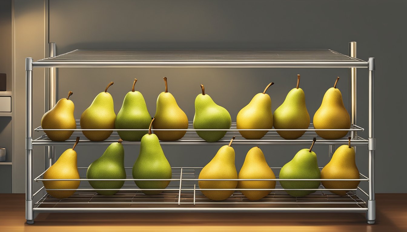 Fresh pears arranged on a wire rack, oven door ajar, warm light streaming in, creating a cozy atmosphere for dehydrating