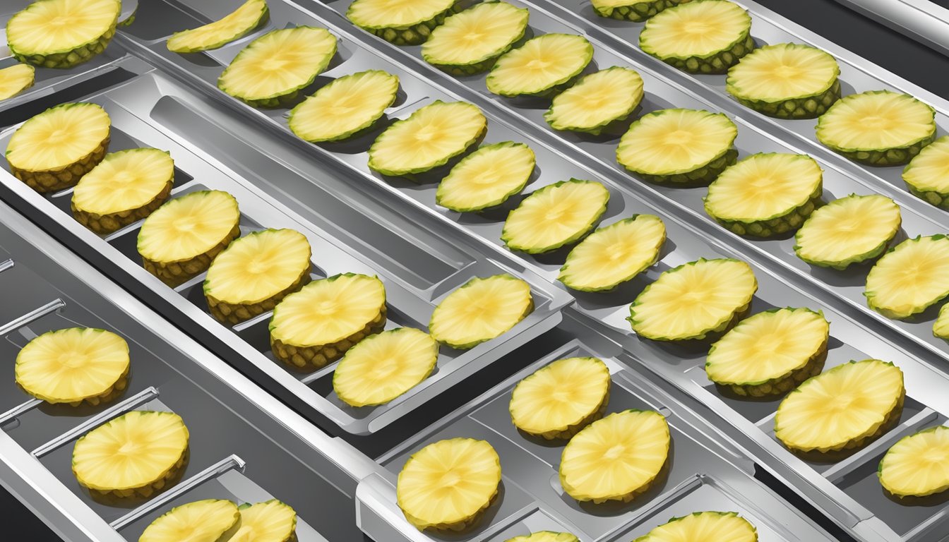 Fresh pineapple slices arranged on dehydrator trays, with the machine set to low heat