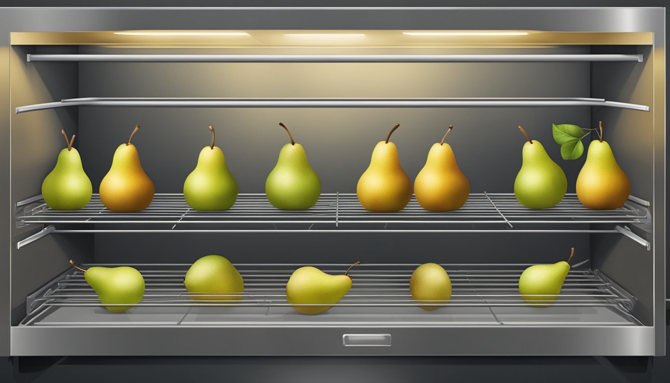 Fresh pears arranged on wire racks inside a hot oven, with the oven door slightly ajar to allow moisture to escape