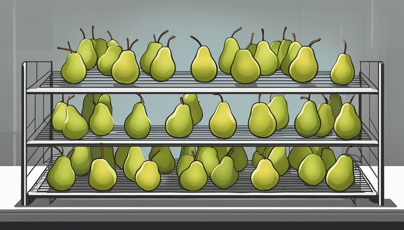 Fresh pears arranged on wire racks in an open oven, with warm air circulating around them as they slowly dehydrate