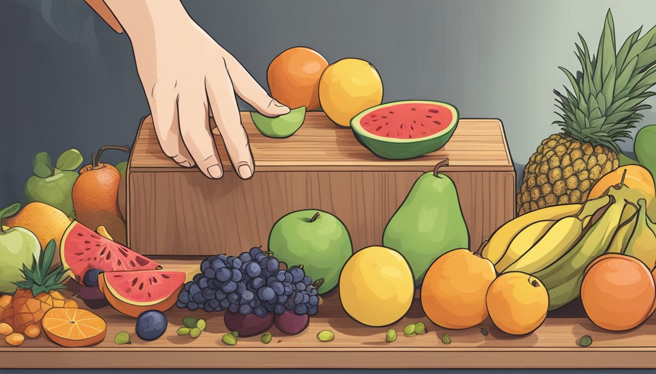 A hand reaching for various fruits on a cutting board, with a dehydrator in the background